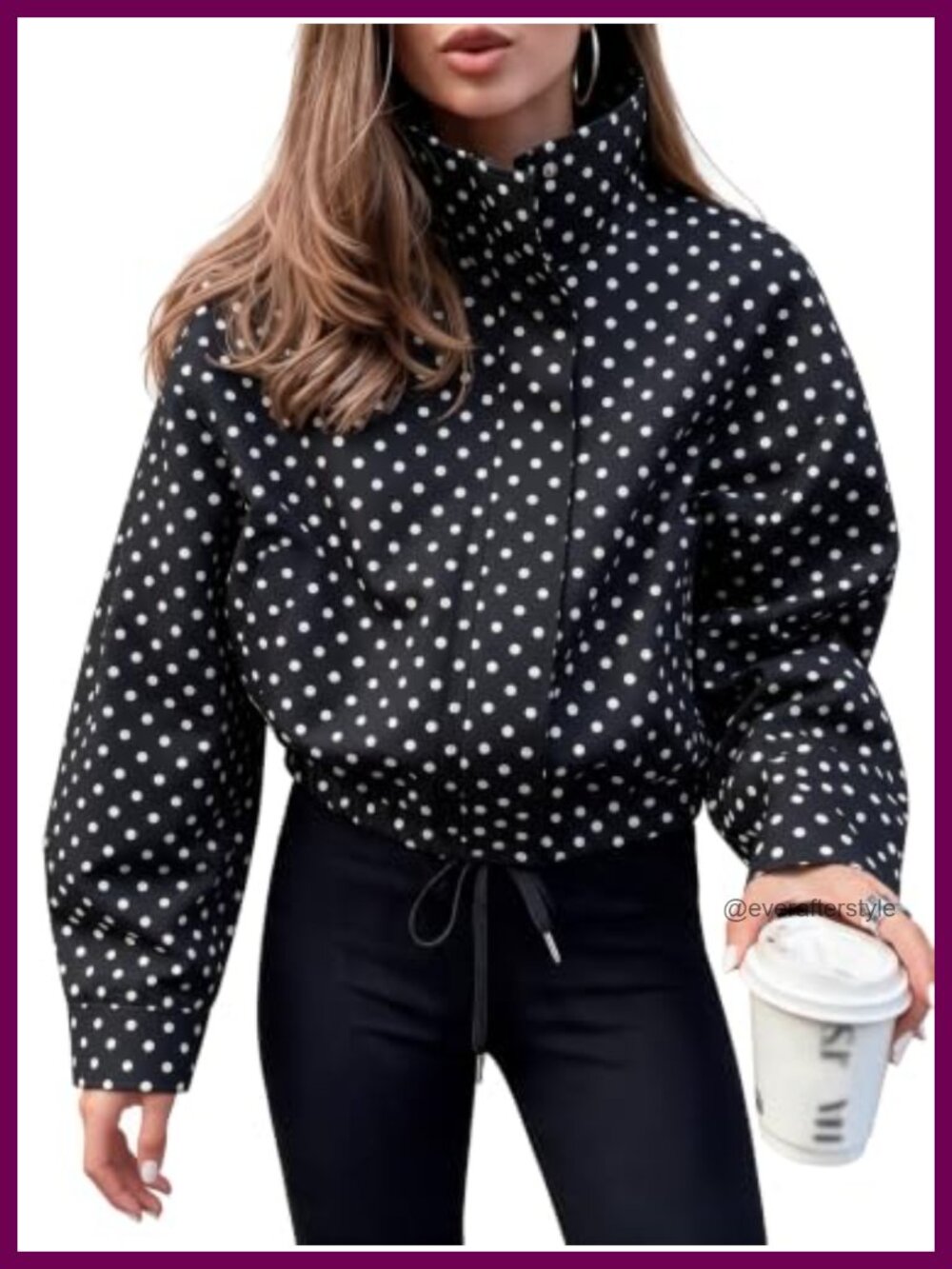 Polka Dot Funnel Neck Cropped Jacket Zip Up Drawstring Hem Pockets